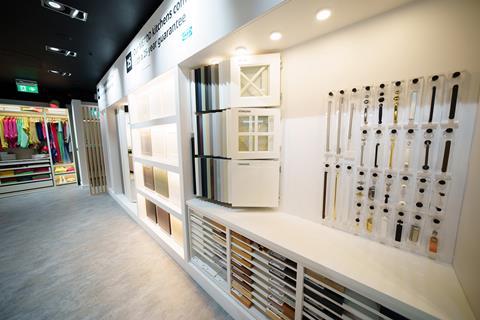 Interior of Ikea Plan & Order Point, Stockport, showing samples of door handles and panelling